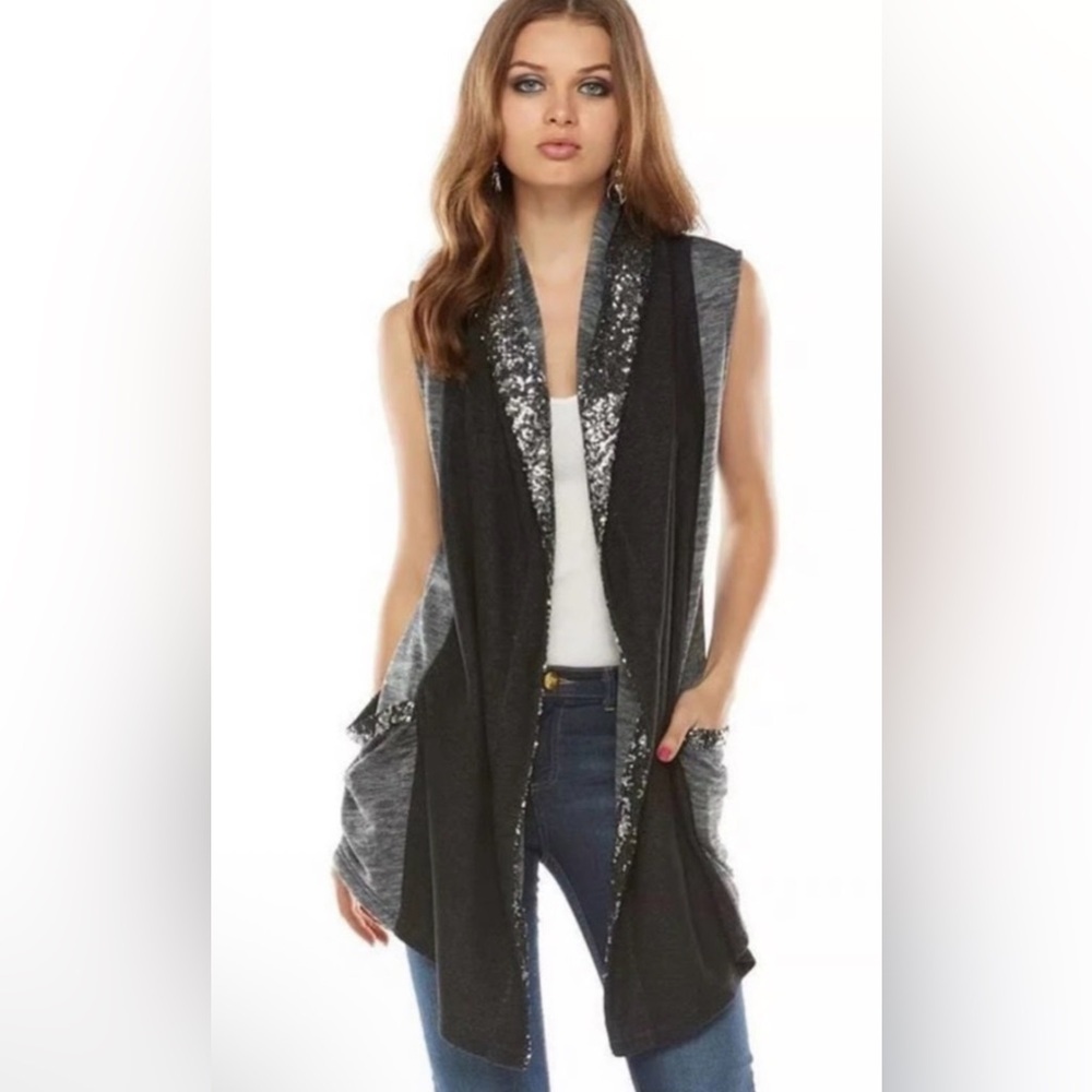 Juicy Couture Sleeveless Black and Silver Sequins Open Cardigan XL